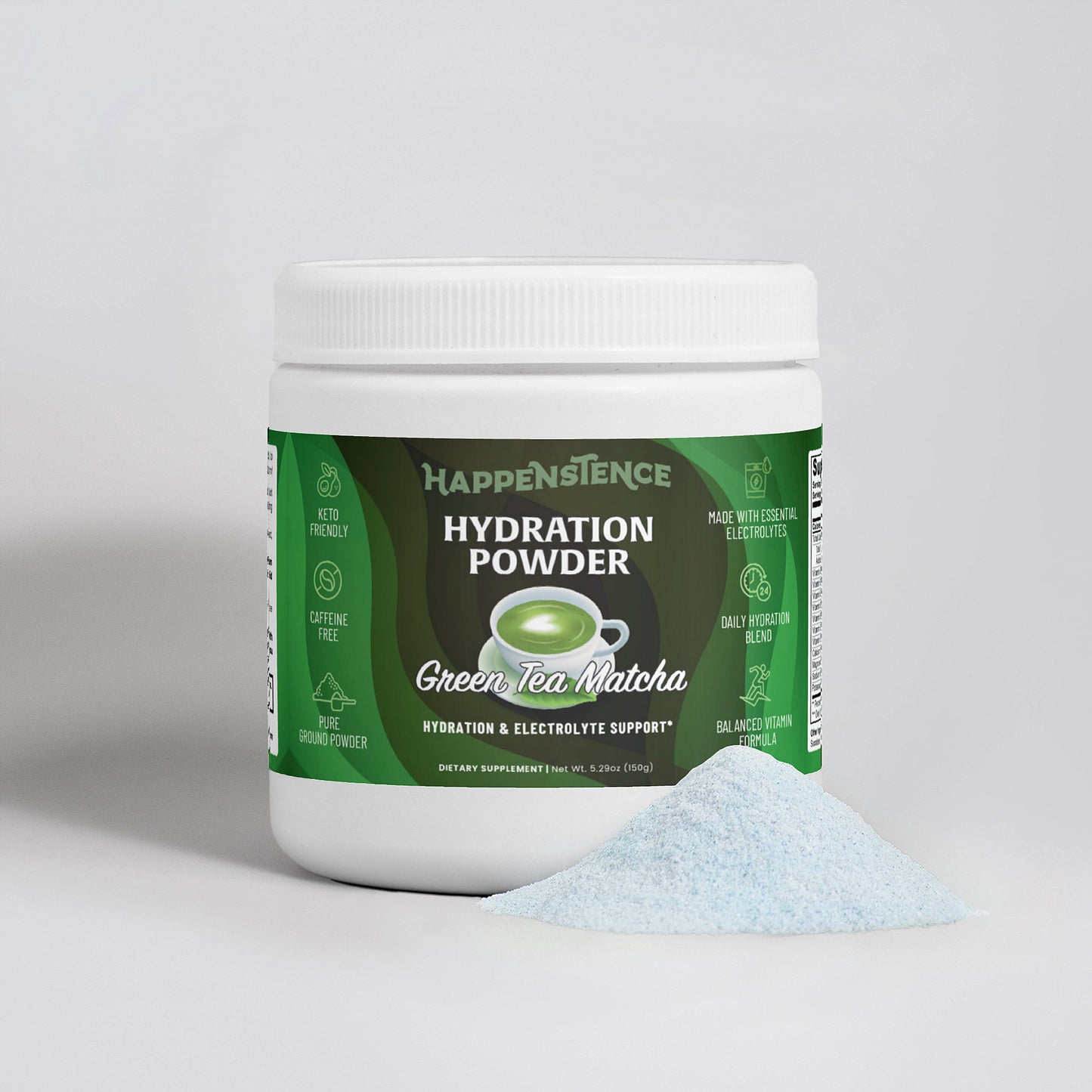 Happensience Hydration Powder Green Tea Matcha container with powder on a light gray background