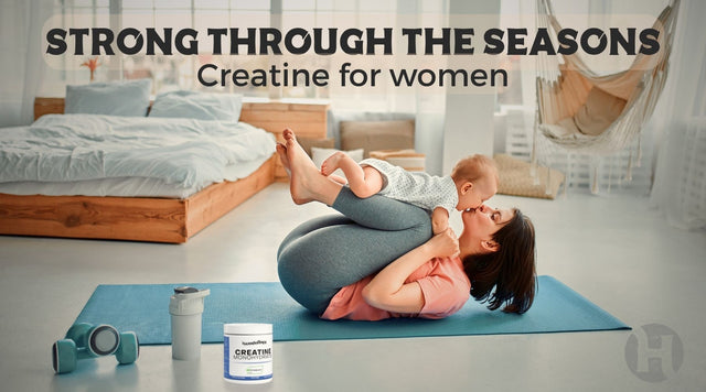 A Mother and Her Child on a yoga mat with a Creatine and shaker bottle