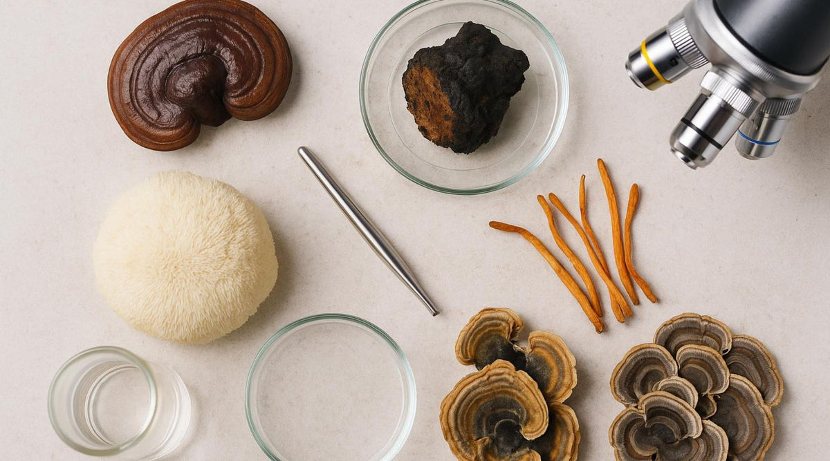 Functional mushrooms on a table next to a microscope