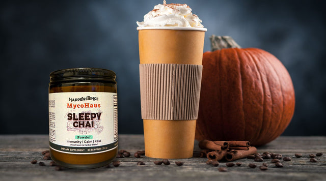 Happenstence Sleepy Chai next to a Pumpkin Spice Drink and pumpkin