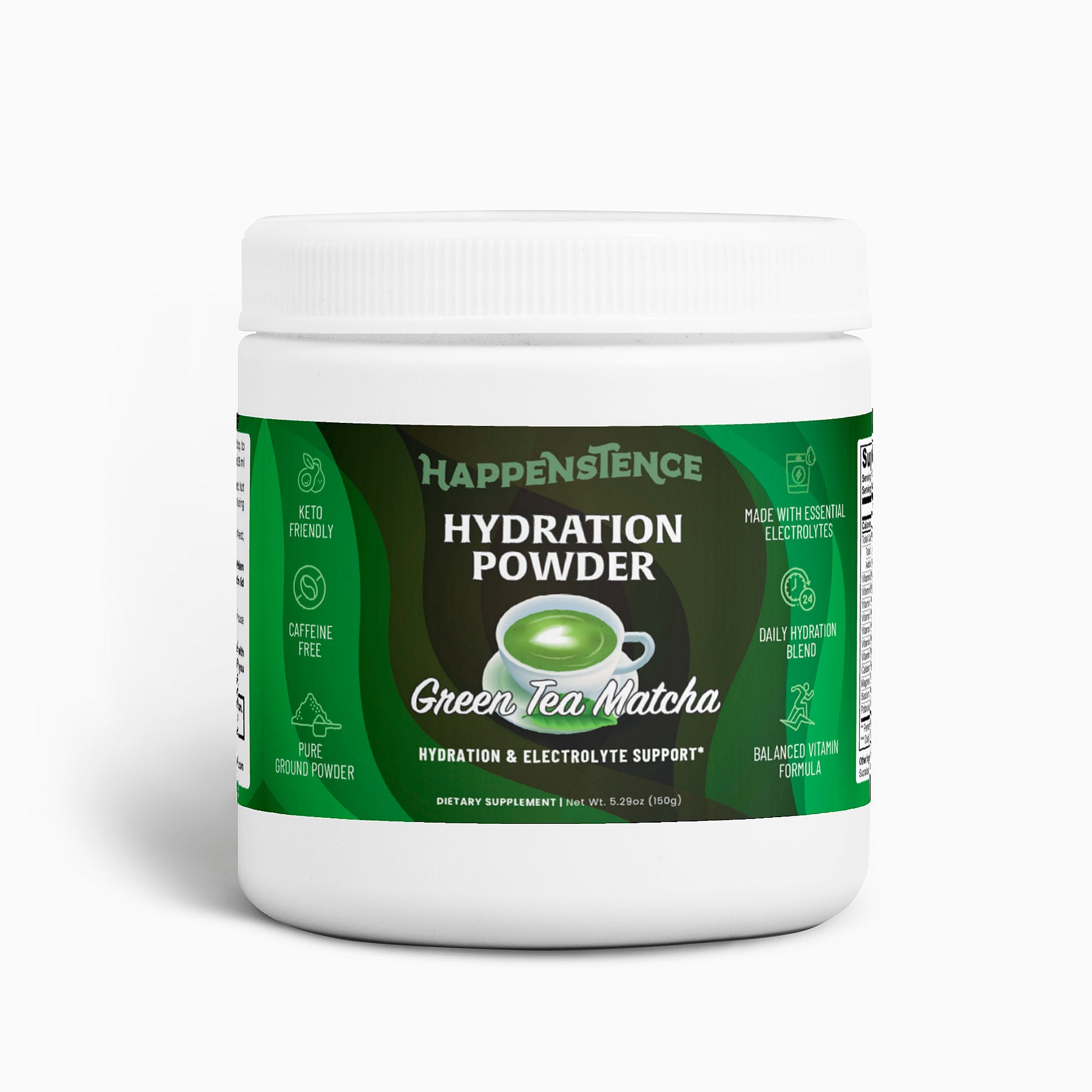 Container of Happenstence Hydration Powder Green Tea Matcha on a white background