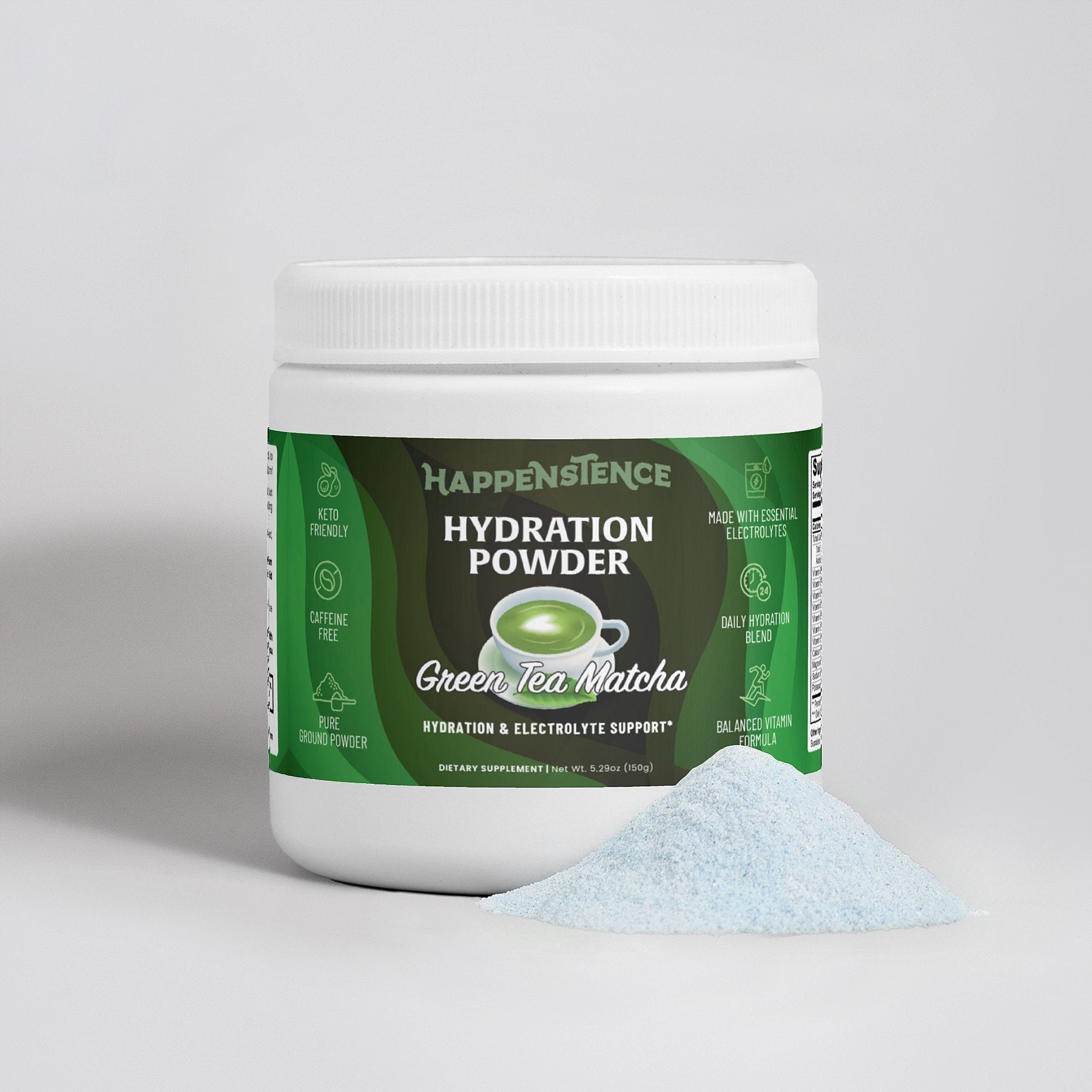 Happensience Hydration Powder Green Tea Matcha container with powder on a light gray background