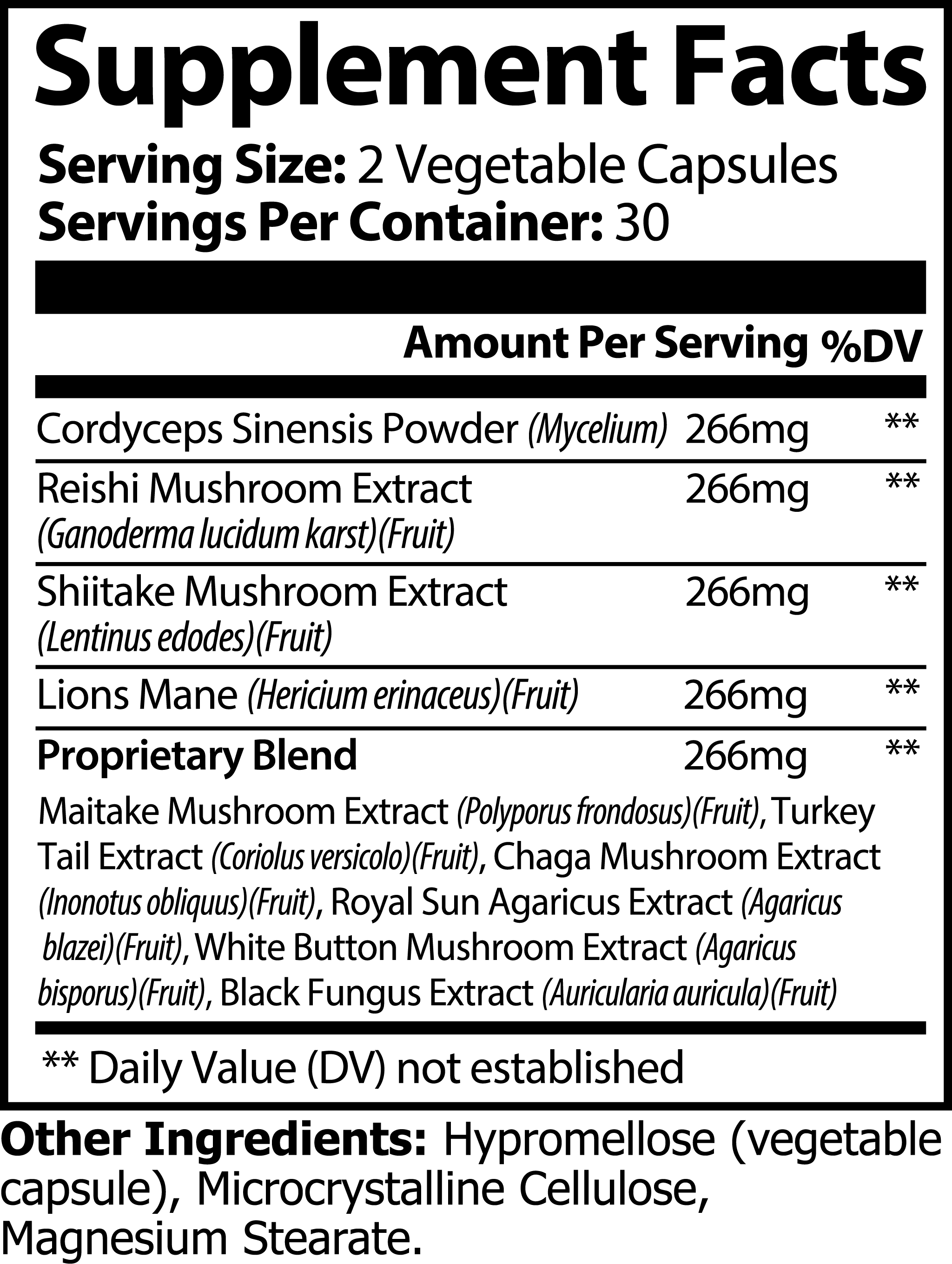 Mushroom Complex Supplement Facts Sheet - Happenstence