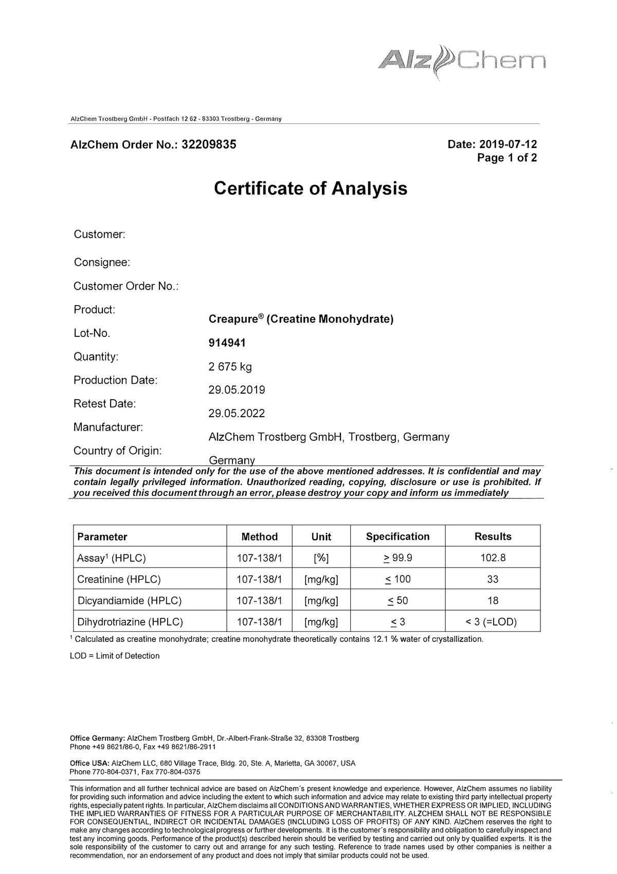 Manufacturer Certificate of Analysis Certificate of Analysis