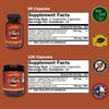 Supplement labels for Chaga capsules with branding and certification logos on a brown background.