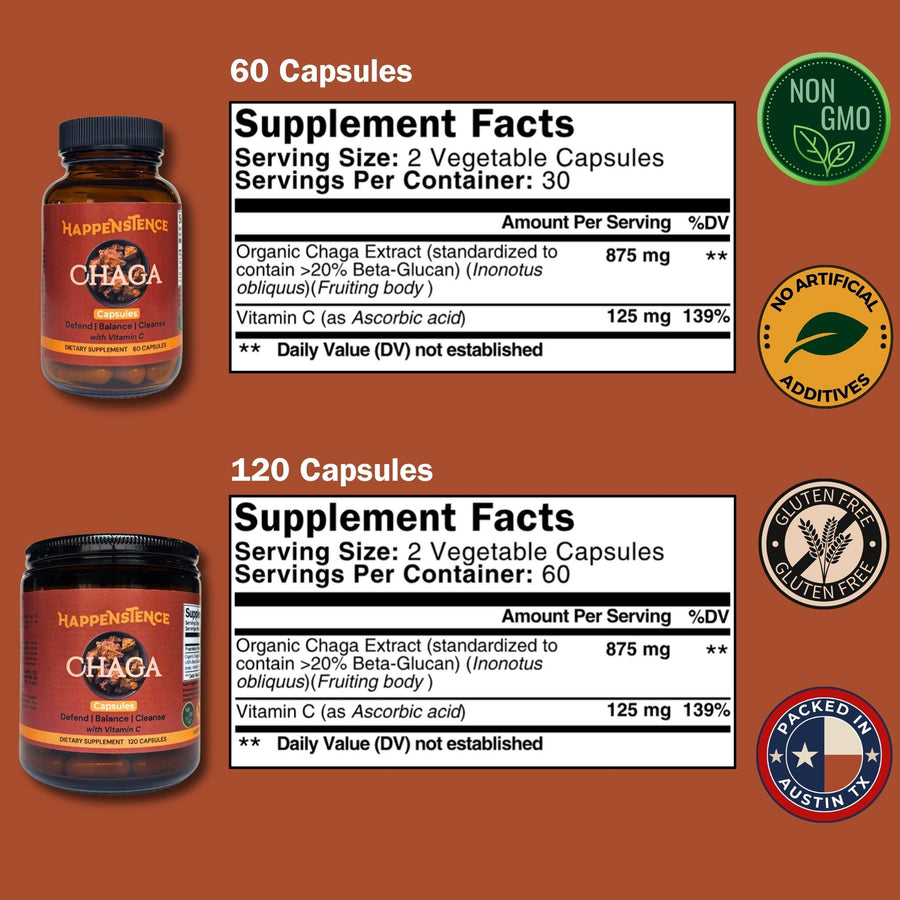 Supplement labels for Chaga capsules with branding and certification logos on a brown background.