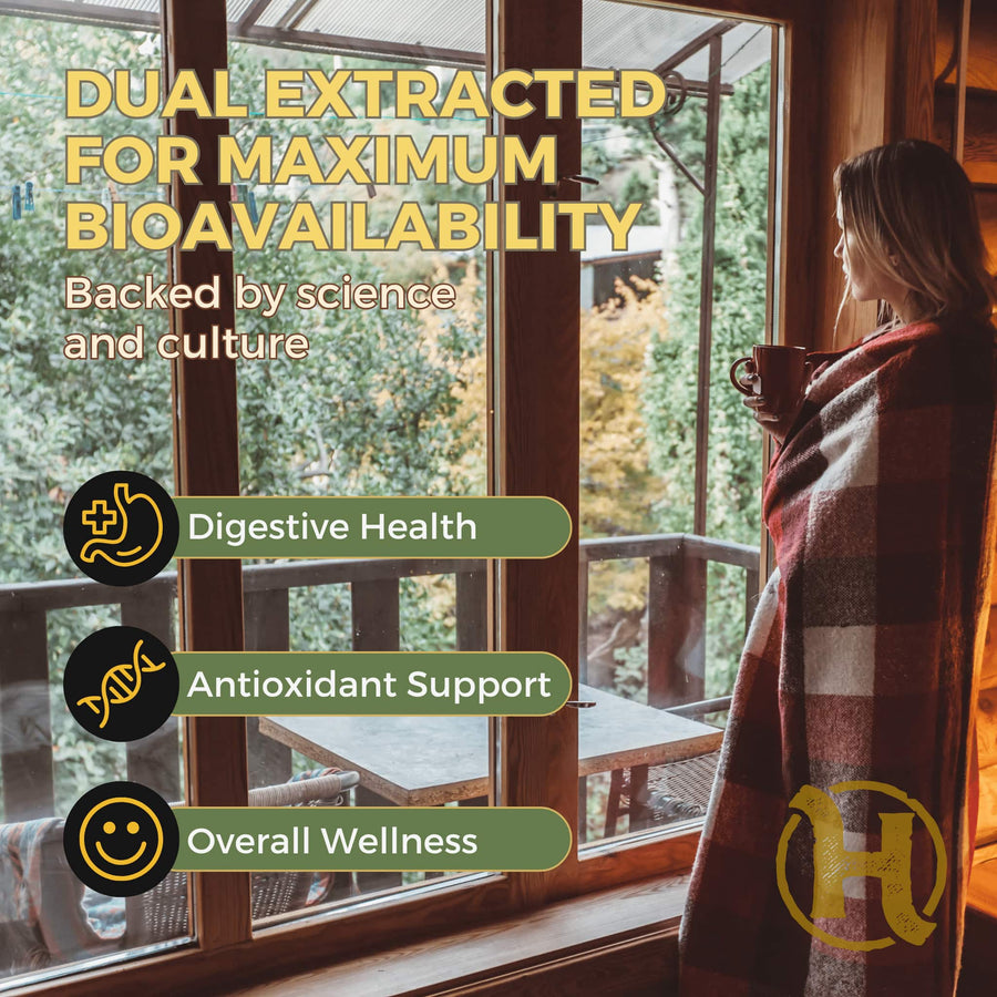 Woman sitting by a window with a mug, surrounded by text about dual extracted supplements for health benefits.