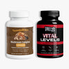 Two supplement bottles on a light gray background: a white bottle labeled Happenstence Mushroom Complex Capsules and a black bottle labeled Happenstence Vital Levels.