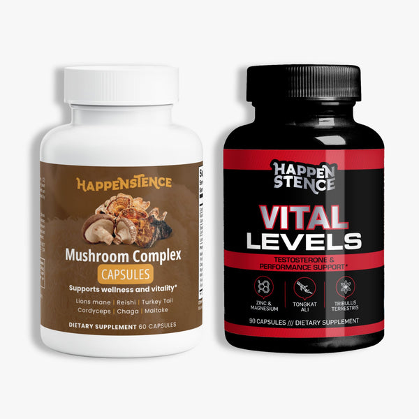 Two supplement bottles on a light gray background: a white bottle labeled Happenstence Mushroom Complex Capsules and a black bottle labeled Happenstence Vital Levels.