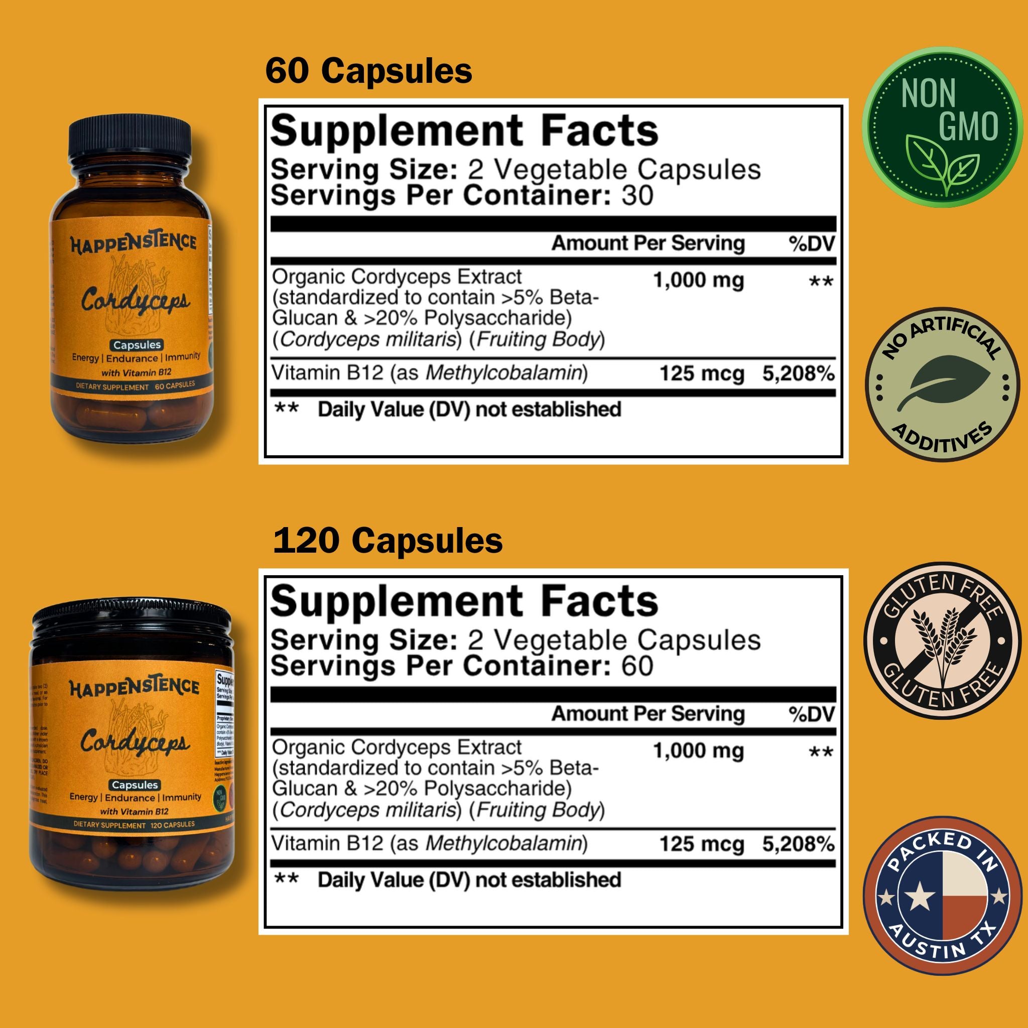 Cordyceps Capsules with Vitamin B12- Happenstence®