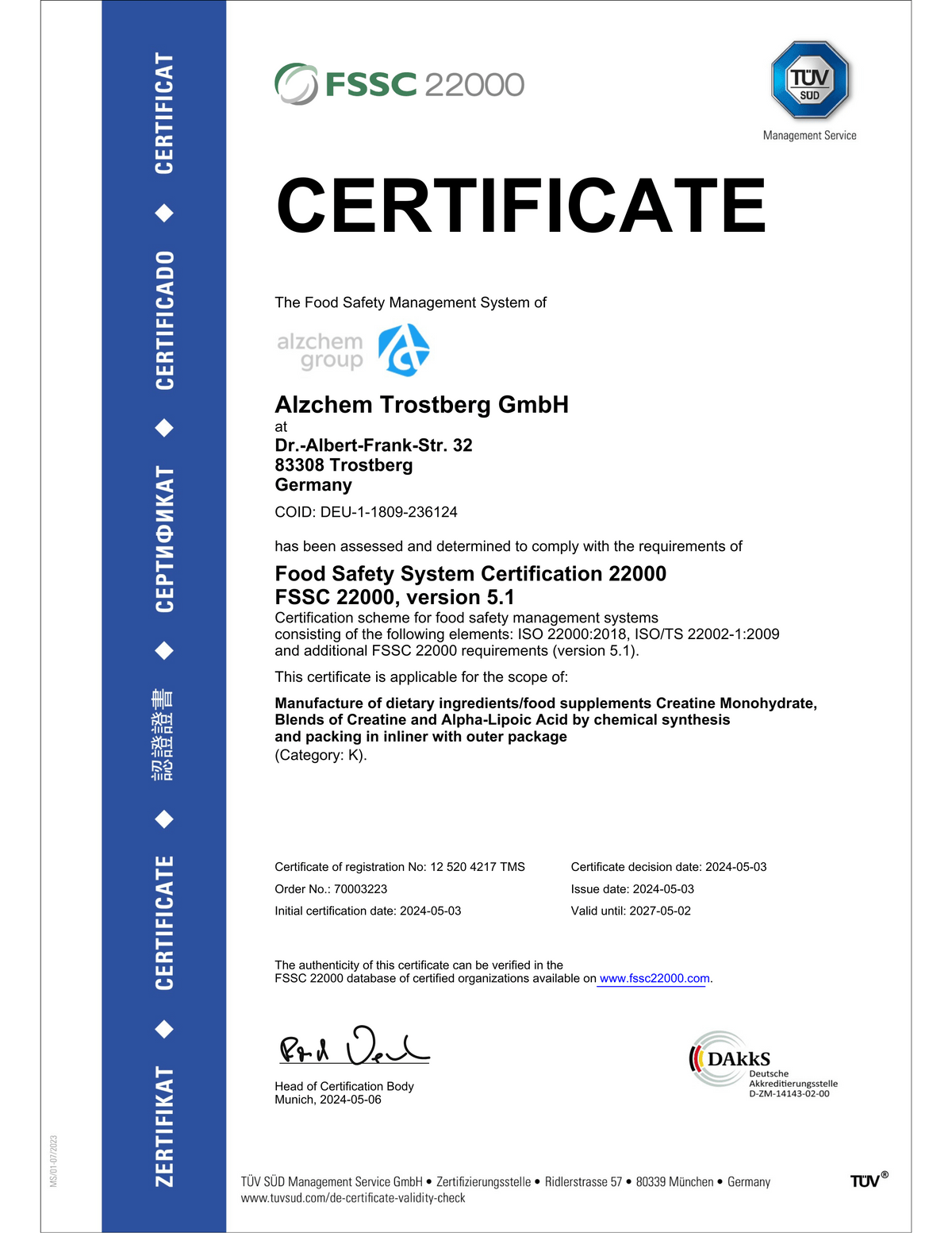 FSSC 22000 Certification Certificate of Analysis