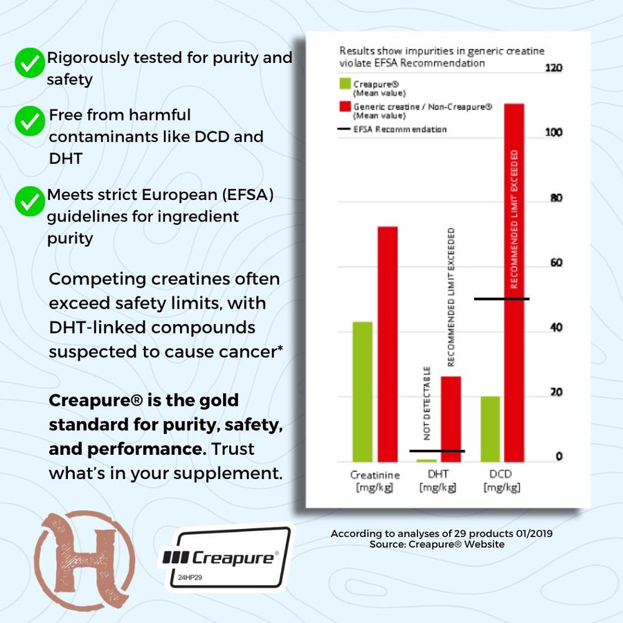 A marketing infographic for Creapure Creatine, featuring a white background with green checkmarks, product benefits text, a bar chart showing purity and safety results, and logos for Creapure.