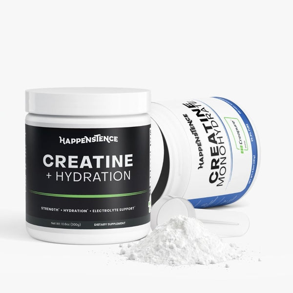 Happenstence Creatine Duo Bundle with powder poured out next to scoop