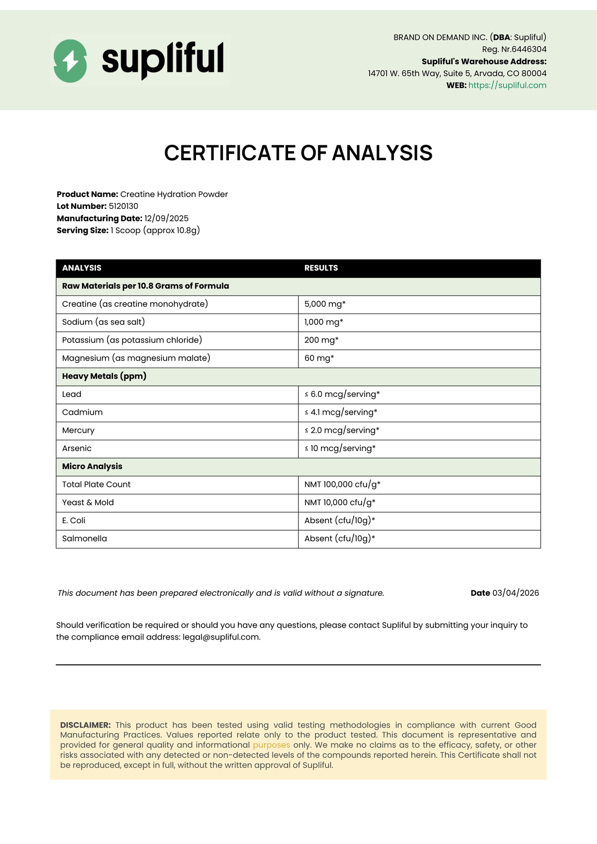 Creatine + Hydration blend (distributor COA) Certificate of Analysis
