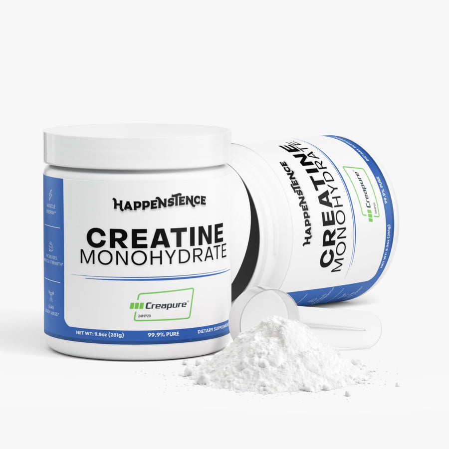2 Containers of Happenstence Creatine Monohydrate on a light gray background with spilt powder