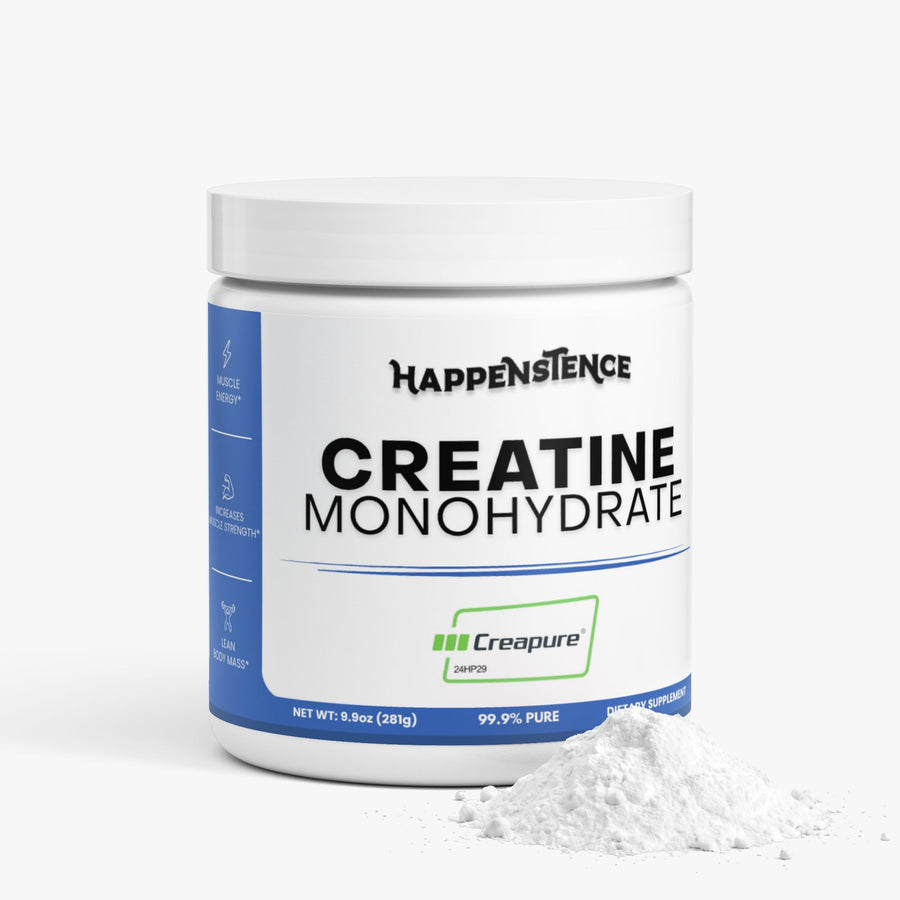 Jar of Happenstence Creatine Monohydrate on a white background with spilt powder