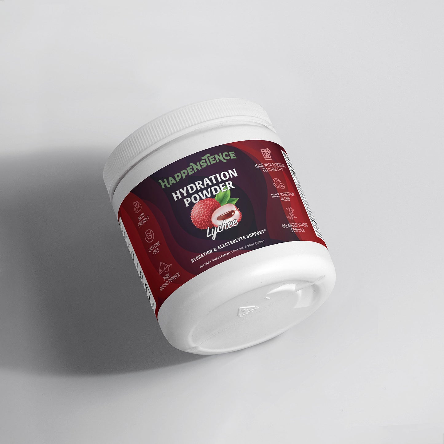 Container of Happenstance Hydration Powder with a red label on a light gray background