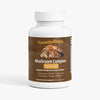 A white plastic bottle of Happenstence Mushroom Complex dietary supplement with a brown label, shown on a light gray background.