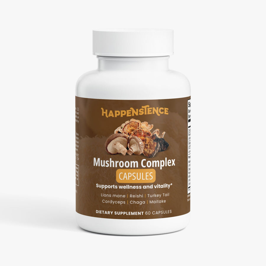 A white plastic bottle of Happenstence Mushroom Complex dietary supplement with a brown label, shown on a light gray background.