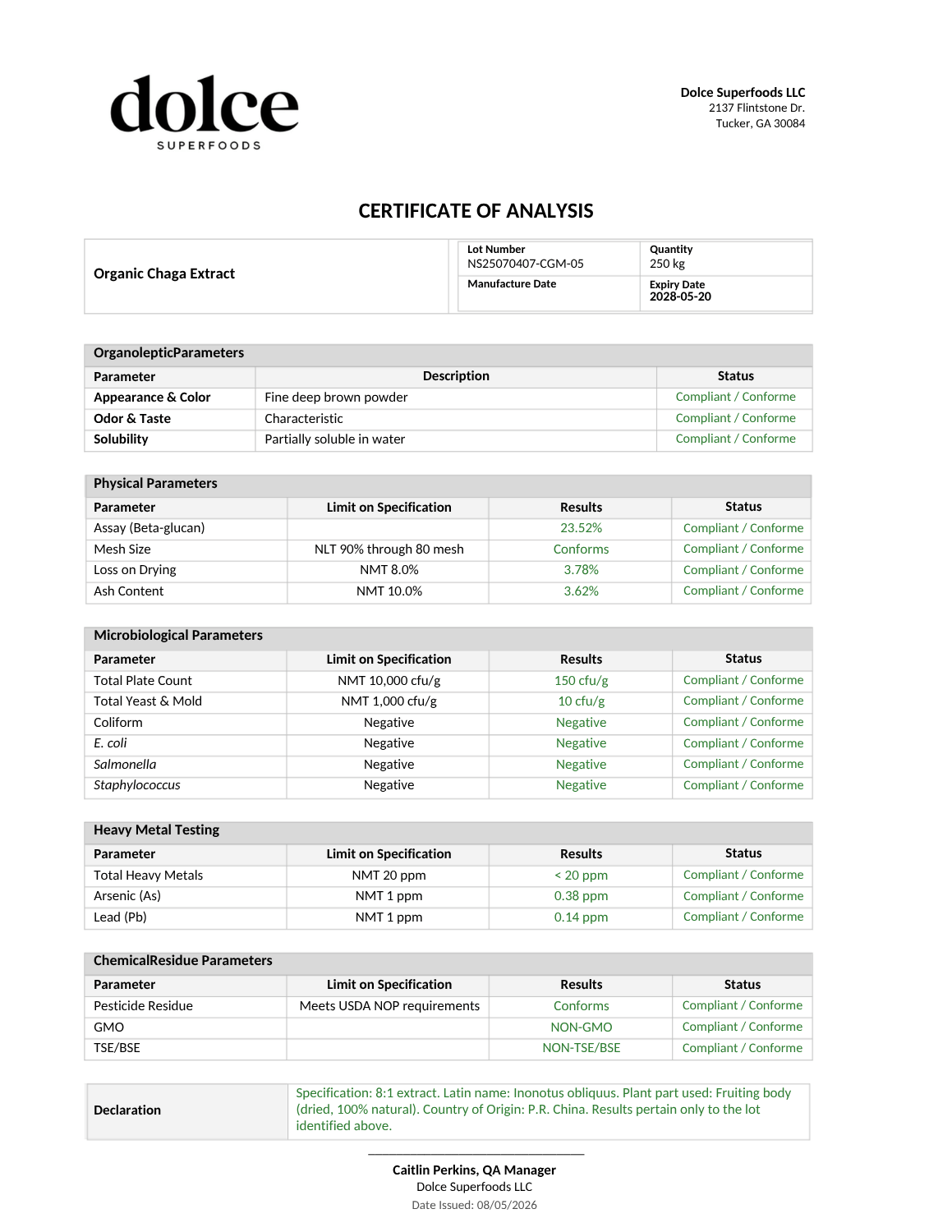 Chaga fruiting body extract Certificate of Analysis