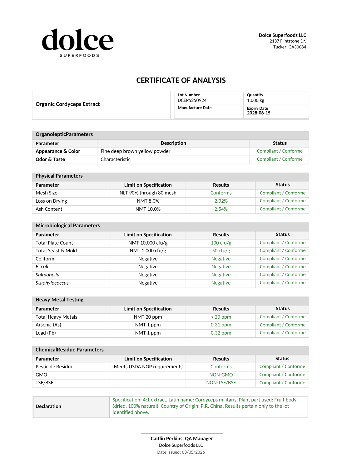 Cordyceps fruiting body extract Certificate of Analysis
