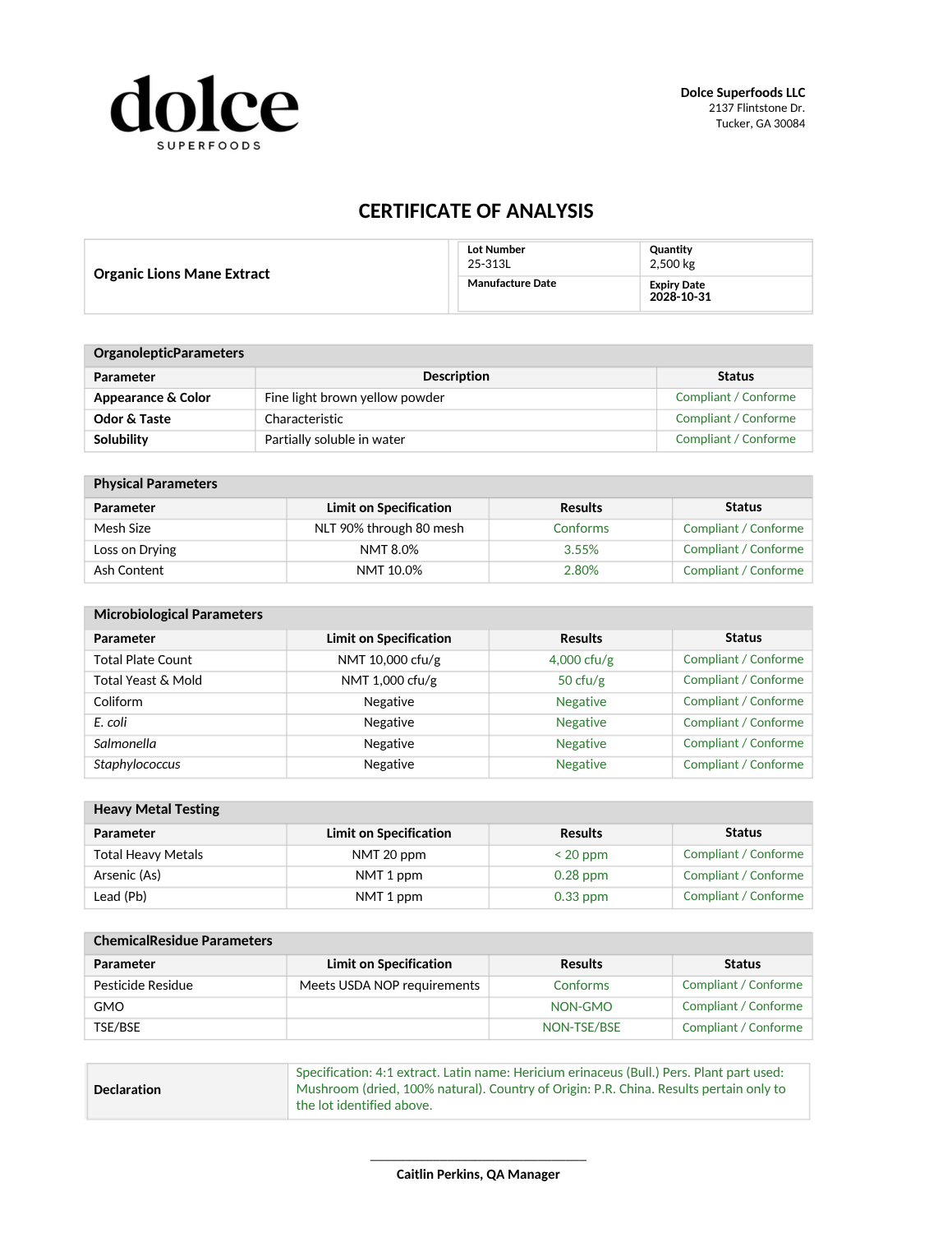 Lion's Mane fruiting body extract Certificate of Analysis