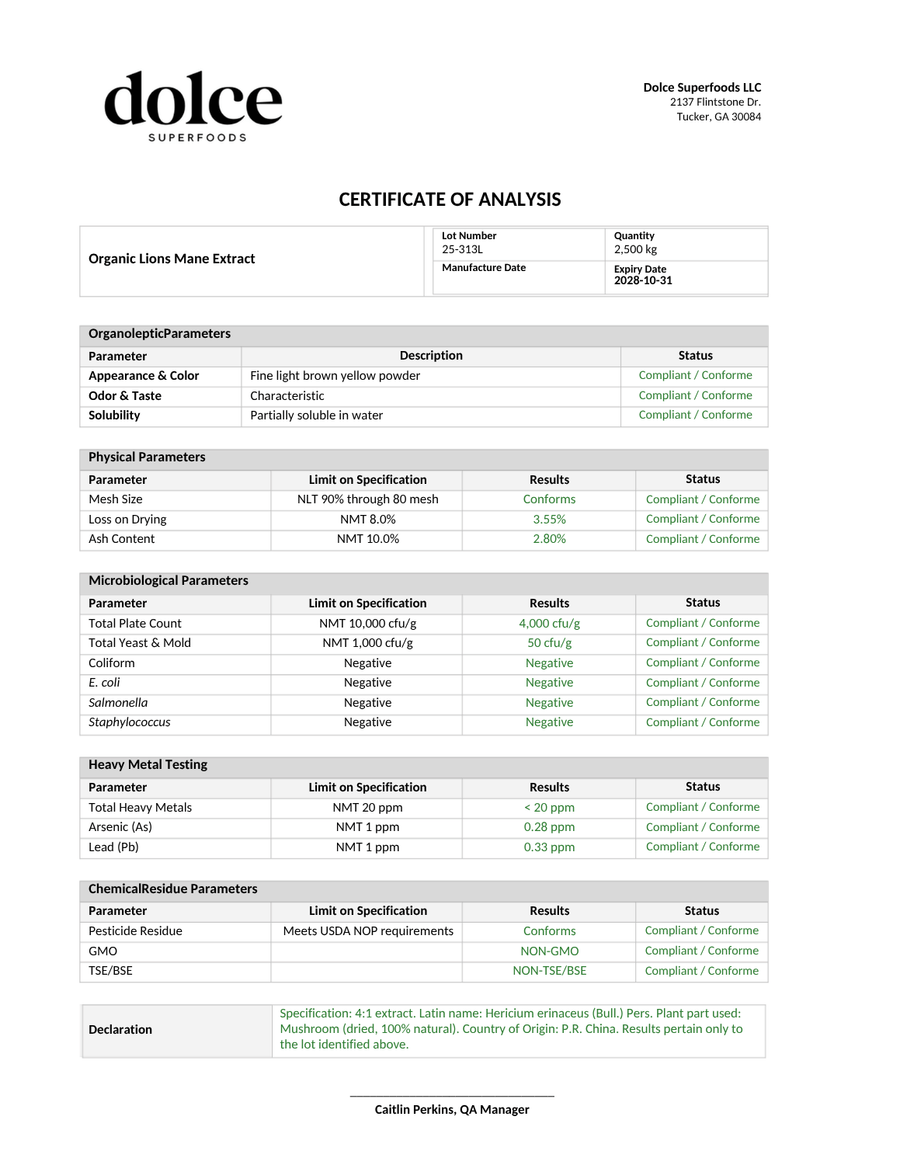 Certificate of Analysis from Dolce Superfoods, showing tested organic lion mane extract with tables for organoleptic, physical, microbiological, heavy metal, and chemical parameters.