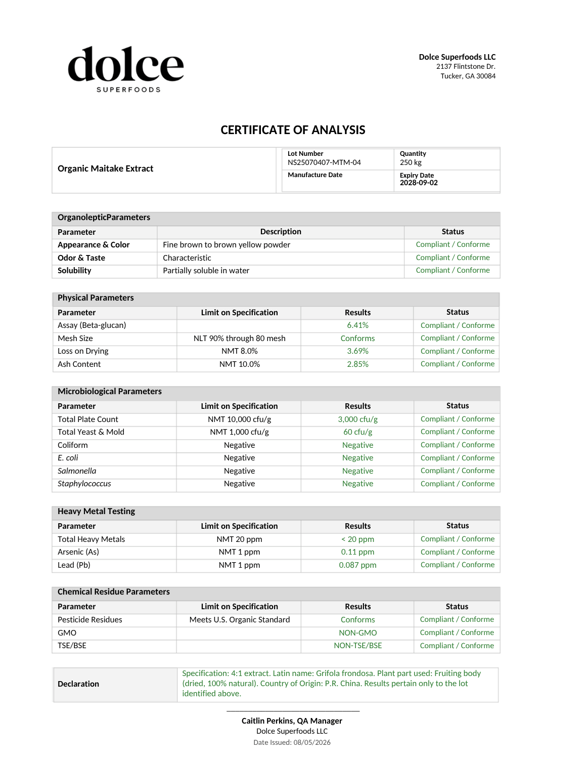 Maitake fruiting body extract Certificate of Analysis