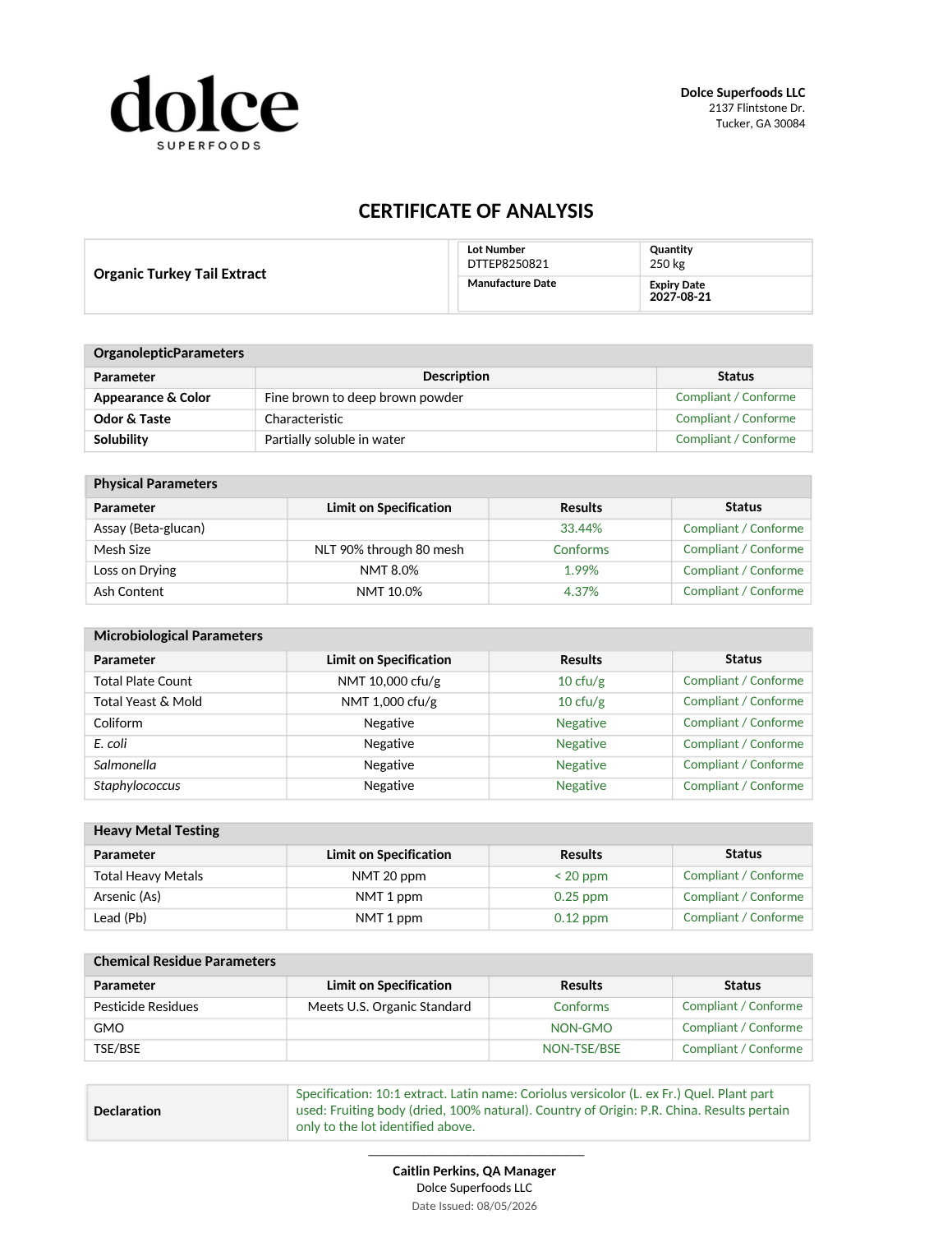 Turkey Tail fruiting body extract Certificate of Analysis