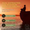 Person sitting on a rock by water with text about dual extraction for maximum bioavailability, sleep support, vitality, and stress support.