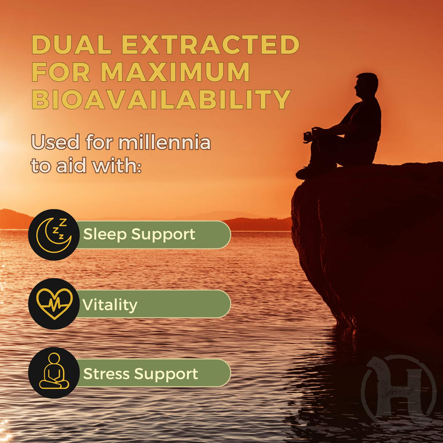 Person sitting on a rock by water with text about dual extraction for maximum bioavailability, sleep support, vitality, and stress support.