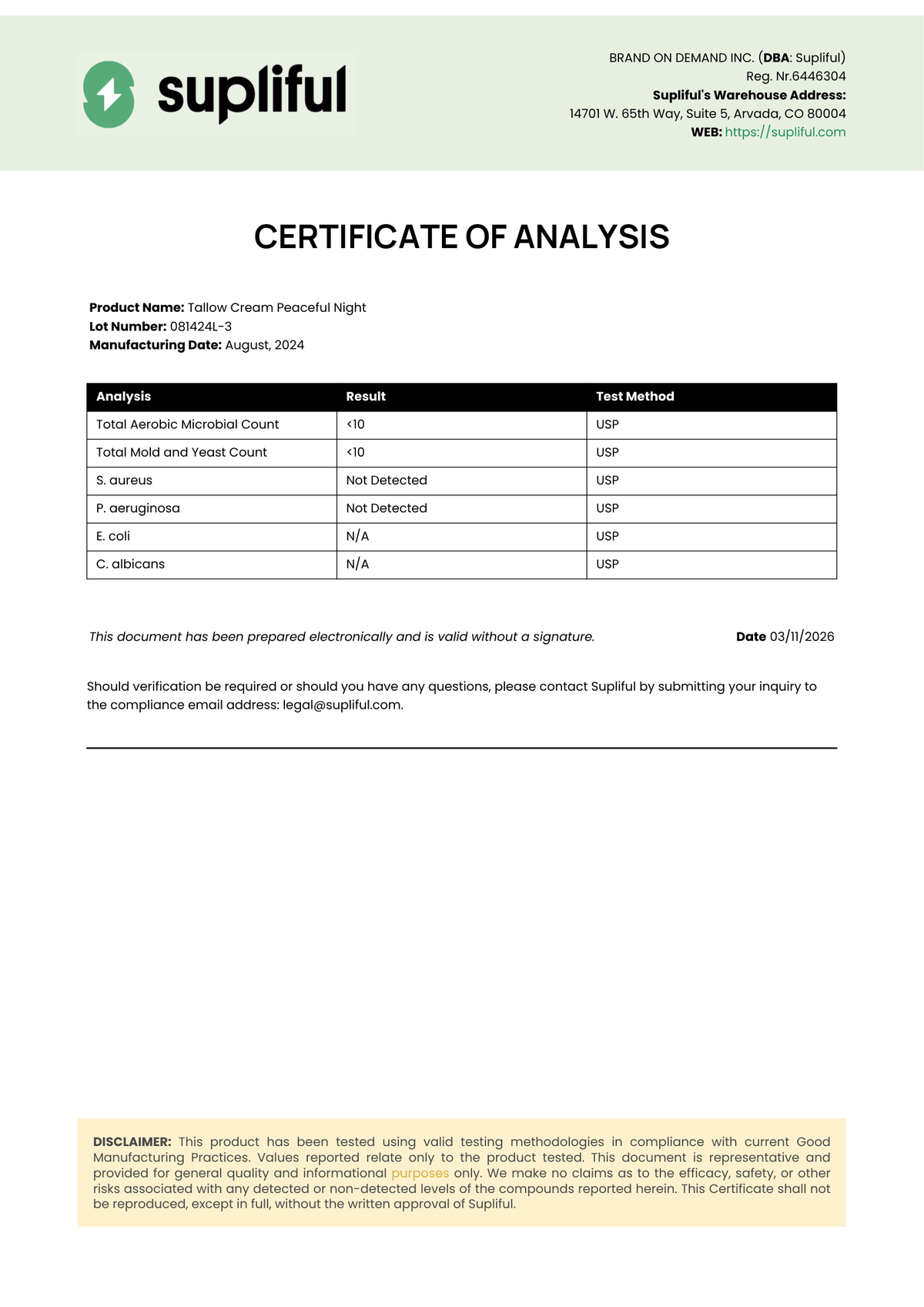 Nightfall (Peaceful Night) Certificate of Analysis