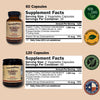 Two bottles of Happenence Turkey Tail supplement with labels and certification logos on a beige background.
