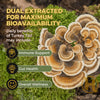 Turkey tail mushrooms with health benefits text on a natural background