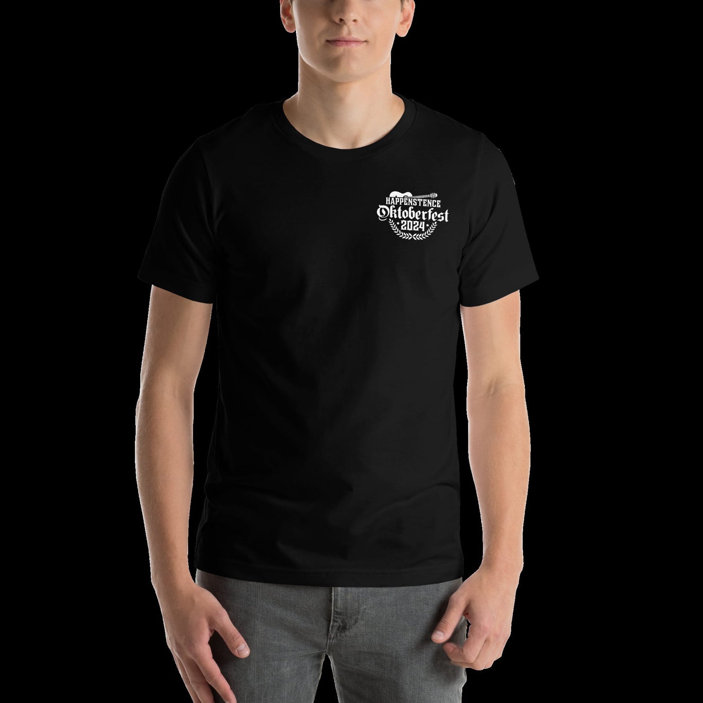 Person wearing a black t-shirt with a logo on a black background