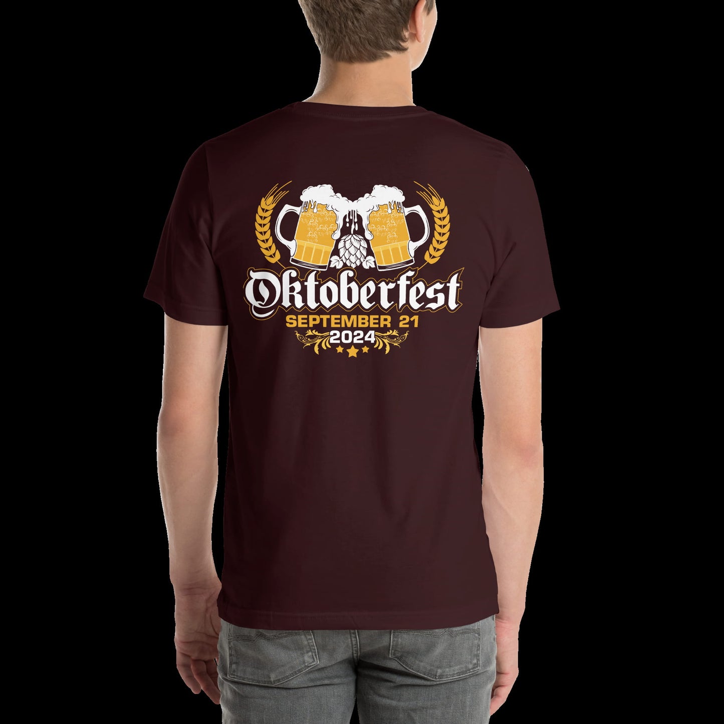 Person wearing a maroon t-shirt with Oktoberfest design on the back