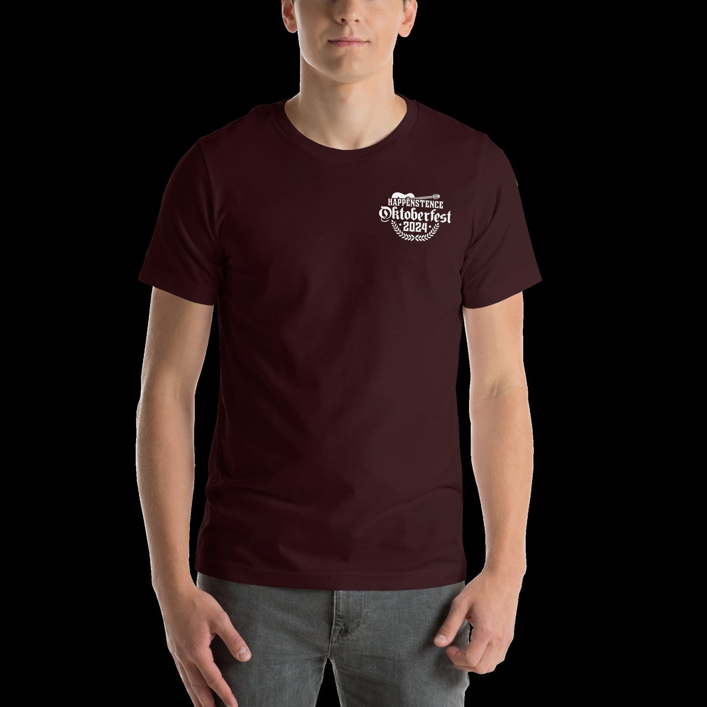 Person wearing a maroon t-shirt with a logo on a black background